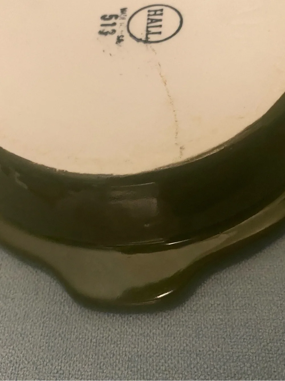 Vintage Hall China Co. 513 Au Gratin Baking Dish Olive Green White USA